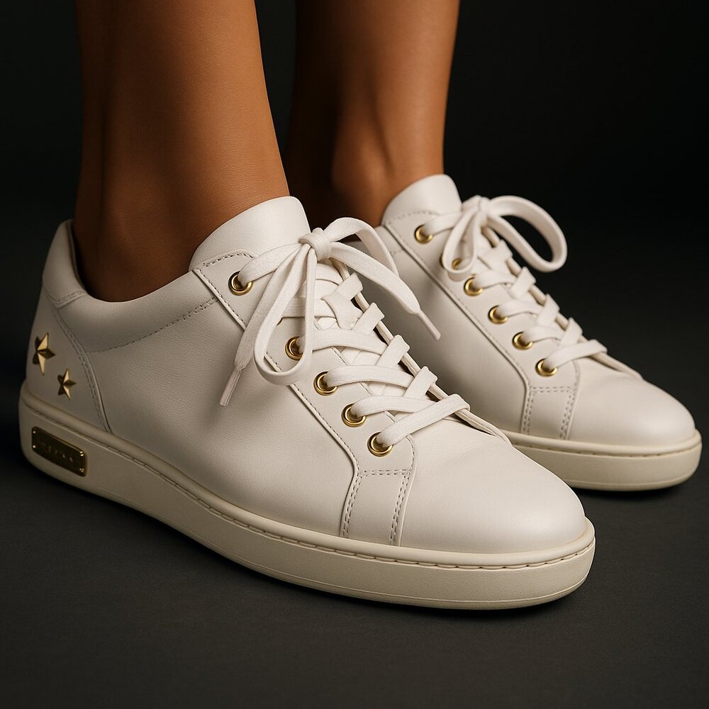 Jimmy Choo White Leather Low-Top Sneakers with Gold Star Accents – Size 37